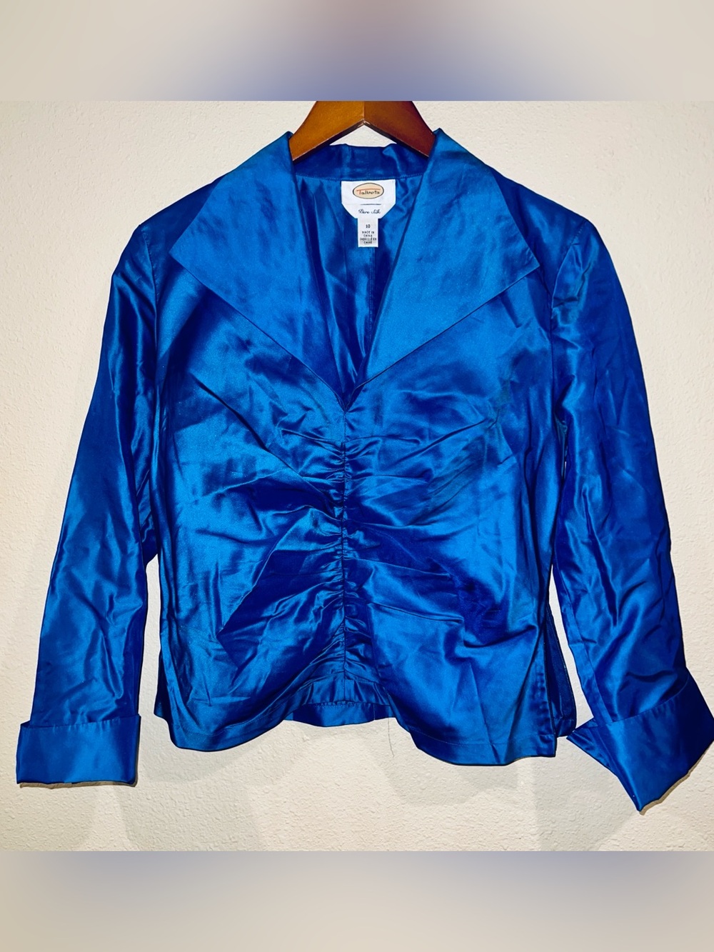 vintage Talbots ruched pure silk blouse royal blue rhinestone sleeve button